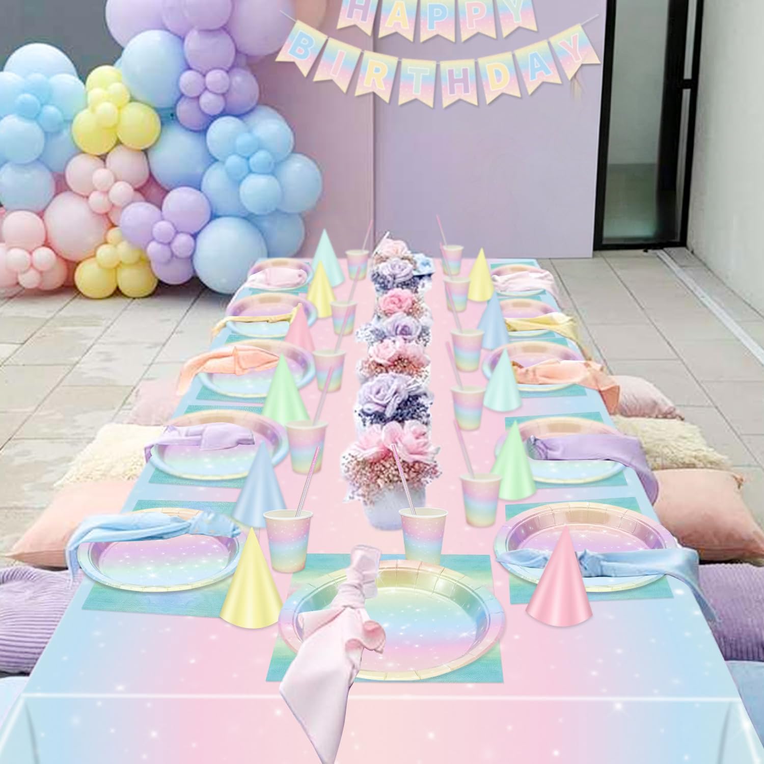 Decorazioni per feste arcobaleno pastello, striscione di buon compleanno, tovaglia, piatti di carta, tovaglioli, tazze per baby shower, per 20 ospiti