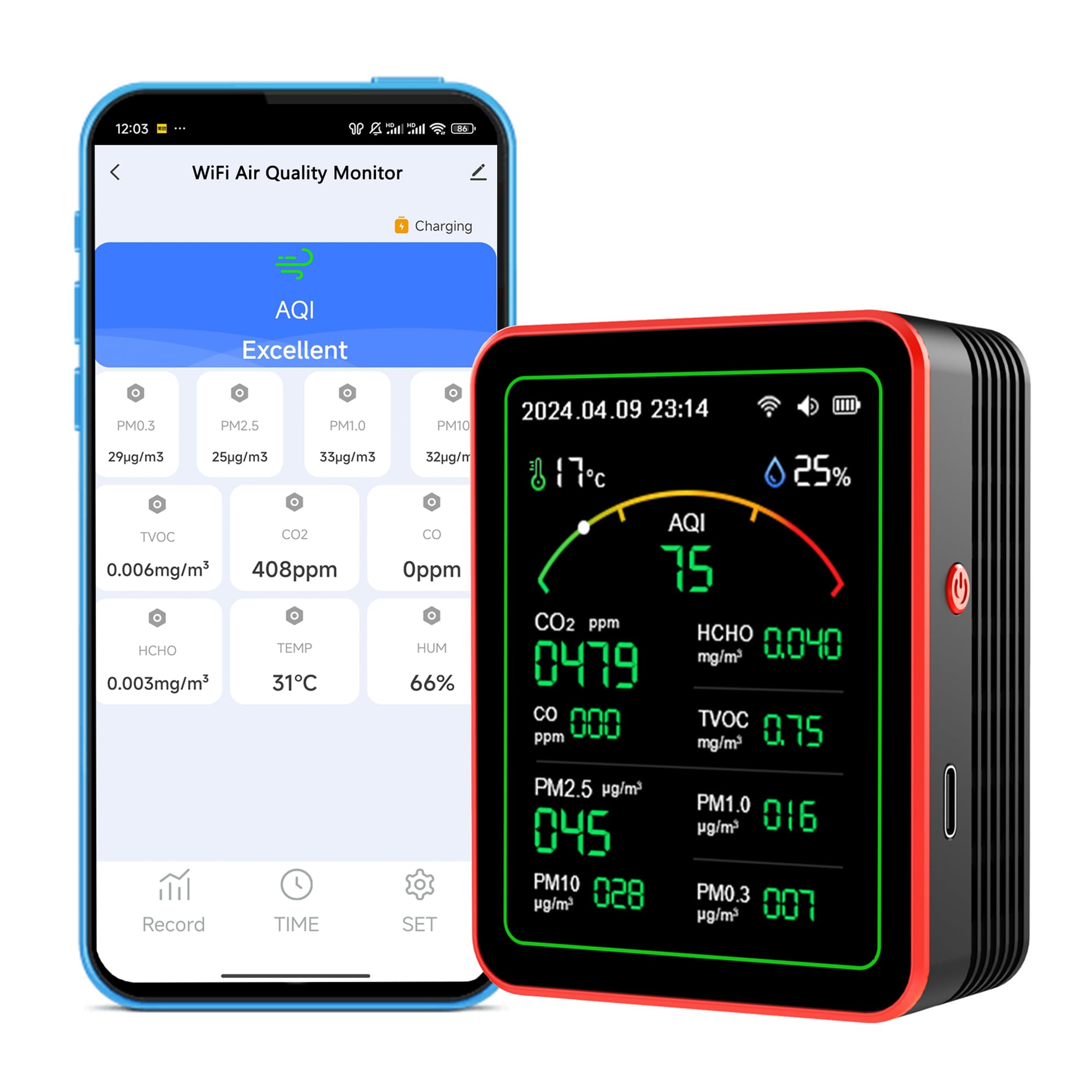 WiFi Smart Air Quality Monitor: 15-in-1 Indoor Air Quality Meter Detects PM, CO2, TVOC, HCHO, PM, AQI, Temp and Humidity, Thermometer Humidity Monitor with App Control, for Smart Home Automation
