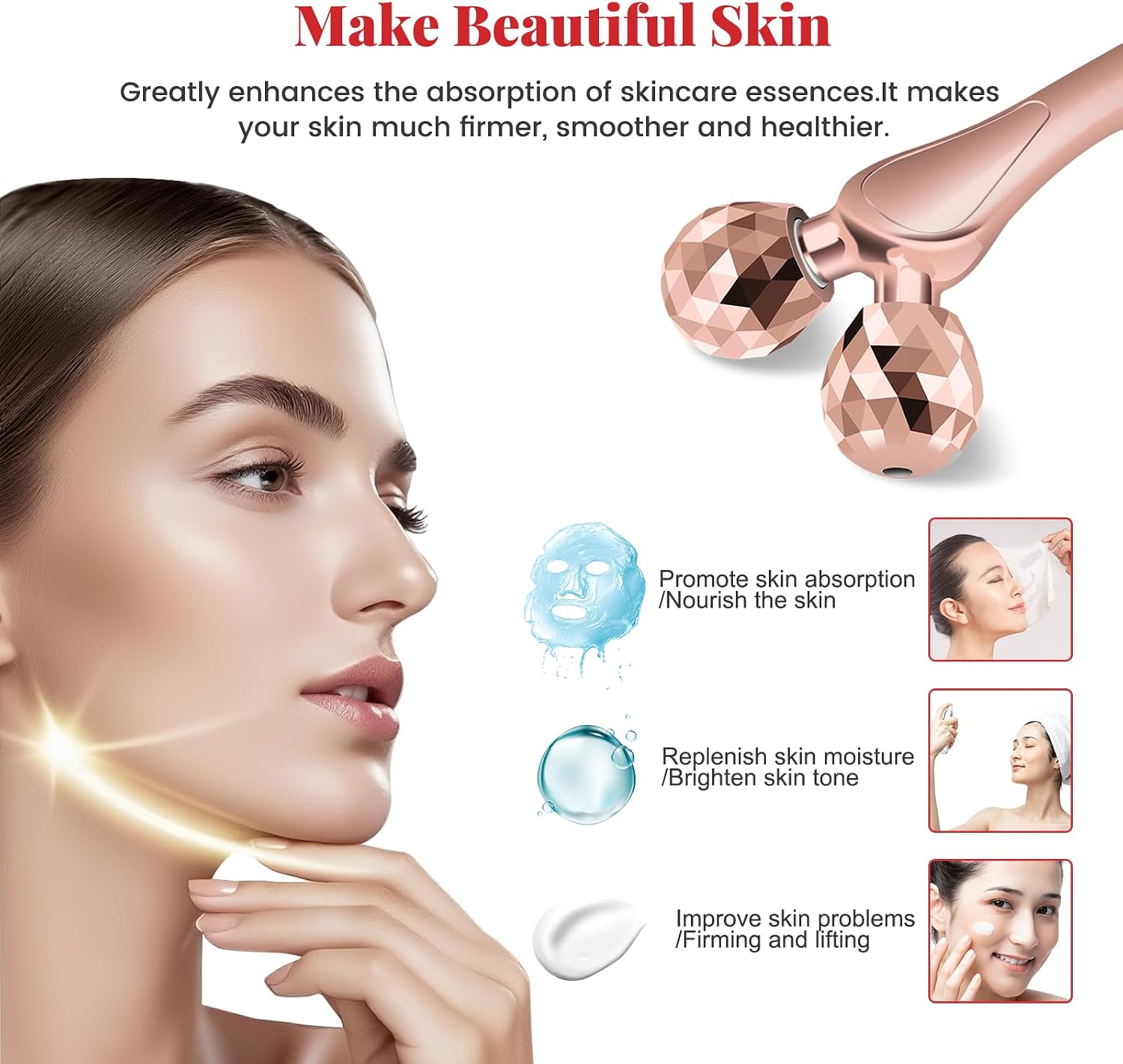 3D Face Roller Massager for Women, Lymphatic Drainage & Face Depuffer Tool for Anti Aging - Metal Facial Roller for Neck, Jawline Sculpting & Body Slimming (Glossy Rose Gold)