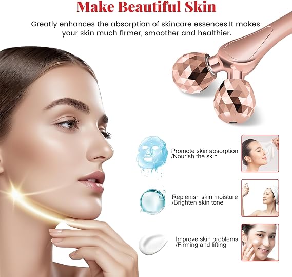 3D Facial Roller Massager for Jawline Sculpting and Depuffing | Rose Gold Solid Zinc Alloy Construction, 75 Degree V-Shape Spherical Roller for Face and Neck Massage Lifting Firming Tools