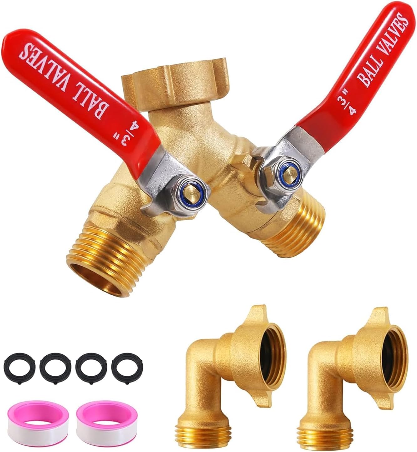 Hose Splitter 2 Way Heavy Duty Garden Hose Splitter 3/4 Inch Y Faucet Splitter 4 Rubber Stopper, 2 Adhesive Tape, 2 90 Degree Water Pipes