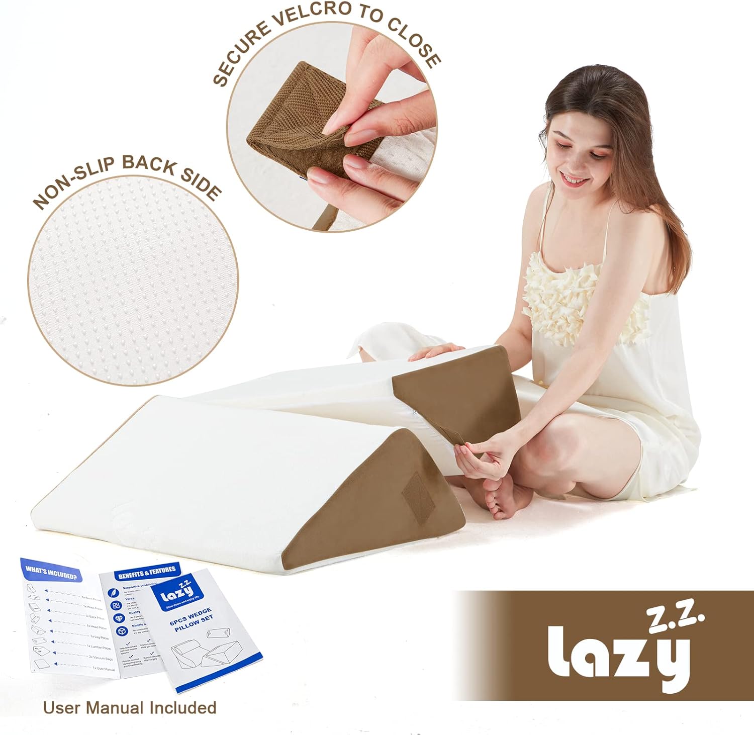 6pcs Orthopedic Bed Wedge Pillow Set, Memory Foam Wedge Pillow for Sleeping, Knee, Lumbar and Back Pain Relief Adjustable Bed Pillow - Acid Reflux, Anti Snoring & GERD Sleeping, Brown