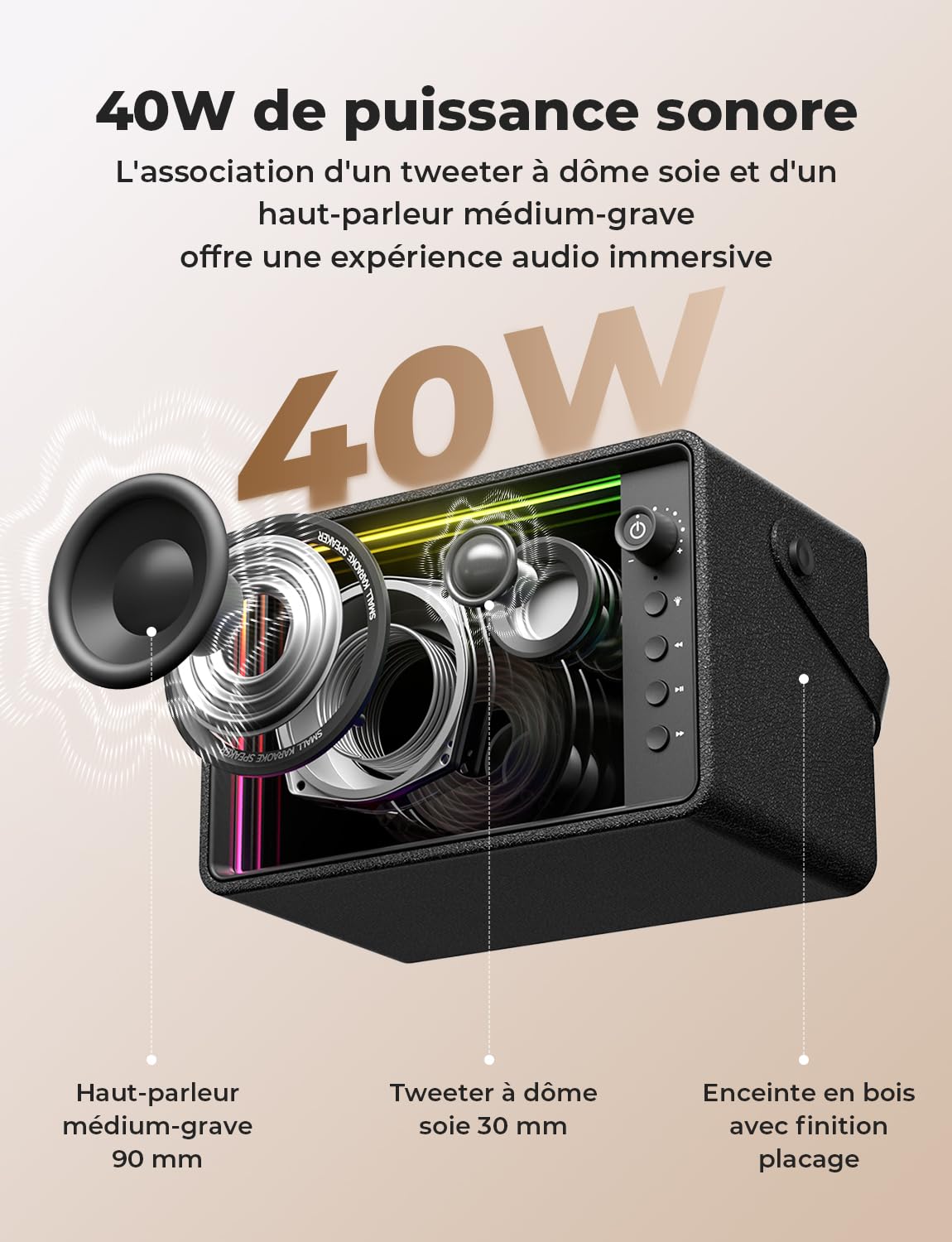 RIENOK Enceinte Bluetooth 40W, Tweeter et Woofer Haut Parleur Puissante Autonomie 15H, 8 Lumières RGB, Bluetooth 5.3, Son Stéréo sans Fil, Soutien AUX, Carte TF, Clé USB, pour Maison, Fêtes Soirées