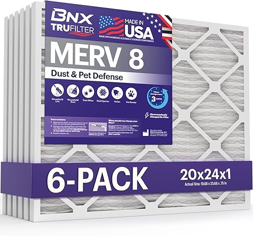 BNX TruFilter MERV 8 - Filtro de aire plisado electrostático de 20 x 24 x 1 (paquete de 6 unidades)  Fabricado en Estados Unidos  Protección contra