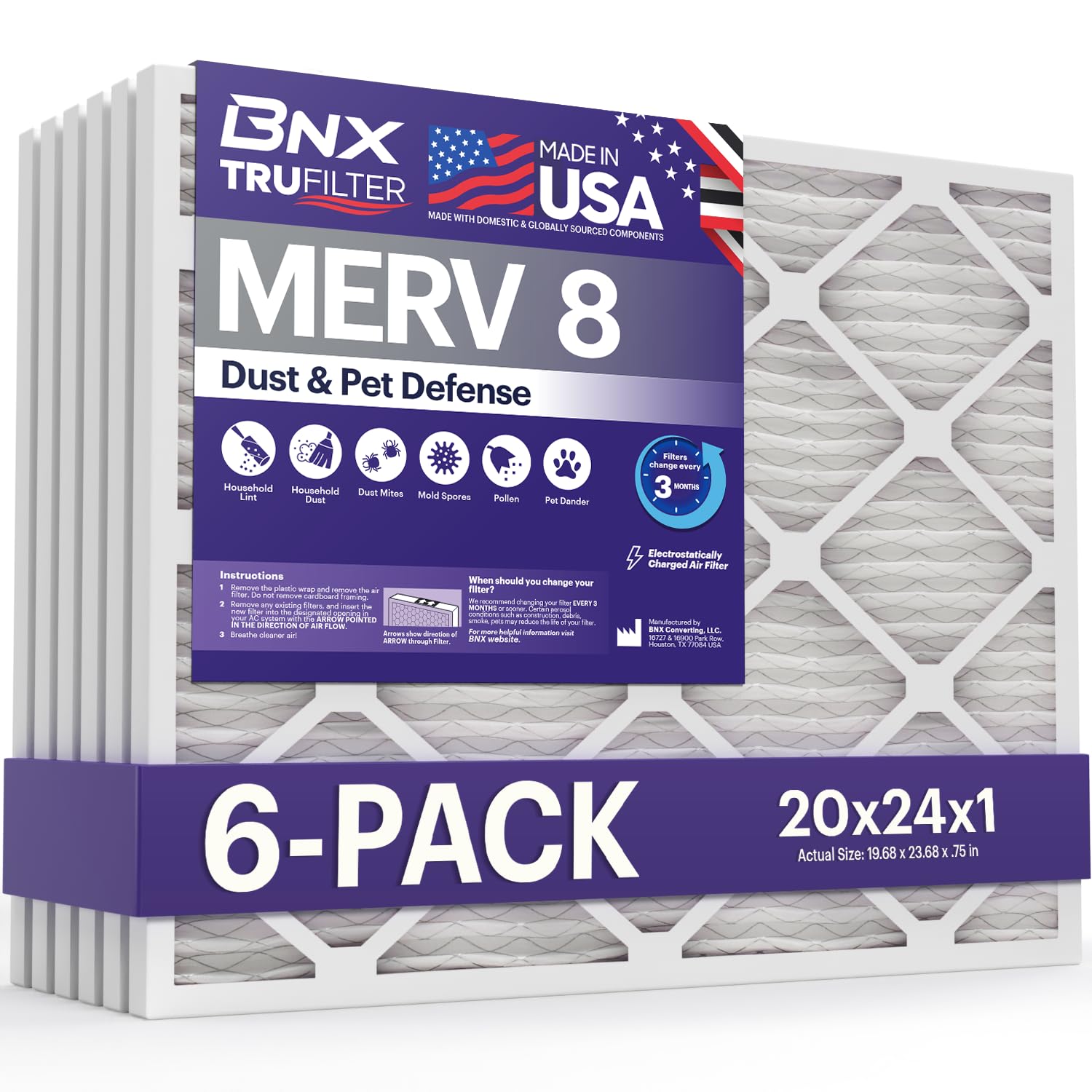 BNX TruFilter 20x24x1 Air Filter MERV 8 (6-Pack) - MADE IN USA – Dust &amp; Pet Defense Electrostatic Pleated Air Conditioner HVAC AC Furnace Filters for Dust, Pet, Mold, Pollen MPR 600 – 700 &amp; FPR 5