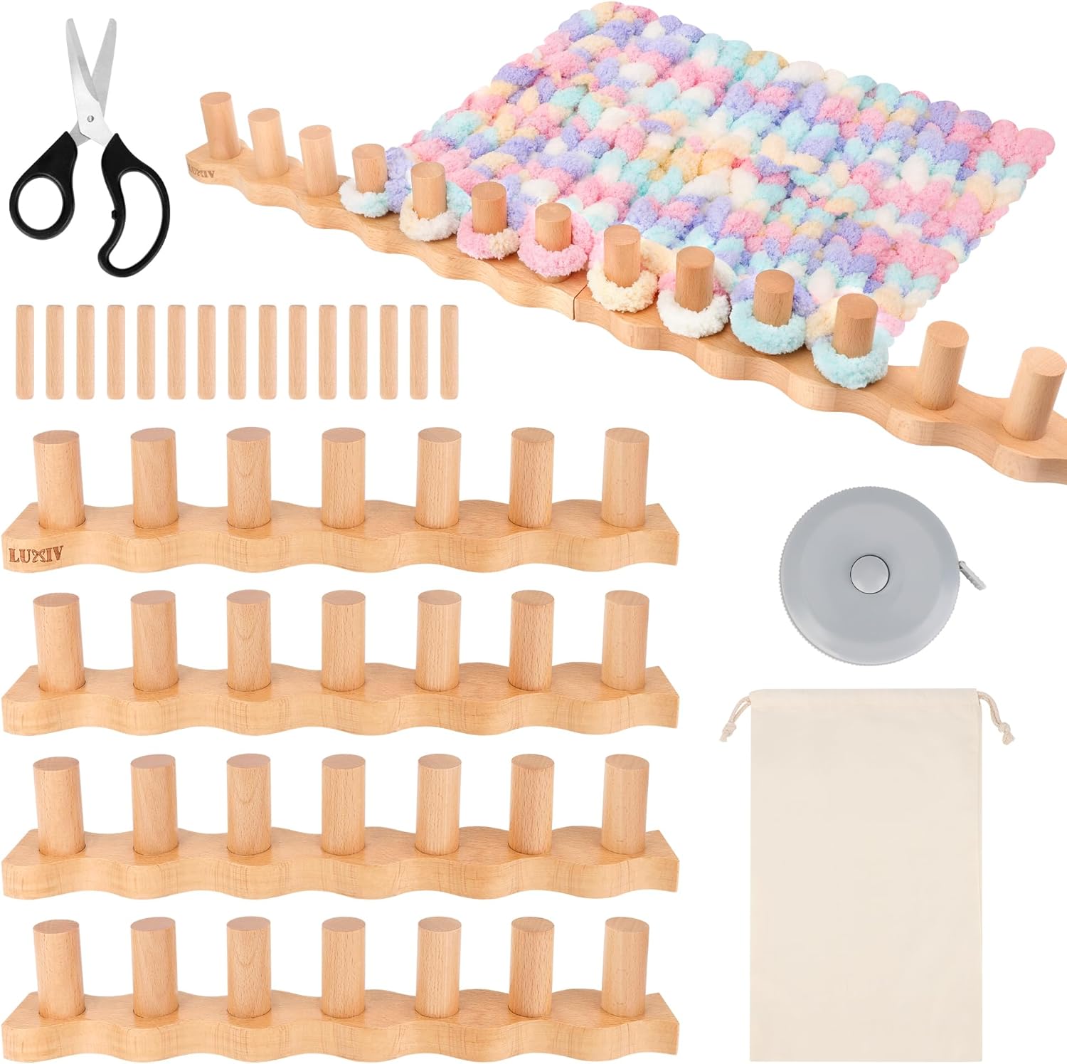 60" Chunky Blankets Loom Kit, Luxiv Cloud Shape Wooden Knitting Loom Frame for Hand Blankets Chunky Knitting Adjustable Length and Portable with Bag, Scissors, Ruler