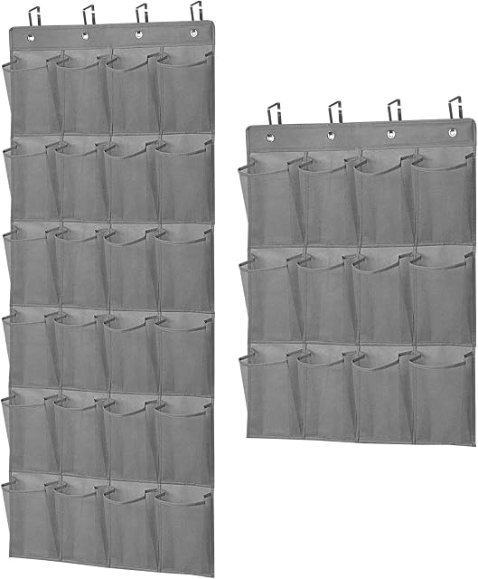 Merb Home 2 Pack Shoe Storage Organizer with Innovative Hook - Hang 2 Racks on 1 Door or on different Doors - Hanging Door Rack- 24&12 Pockets - Foldable Storage Organizer (3 & 6 Rows of pockets)
