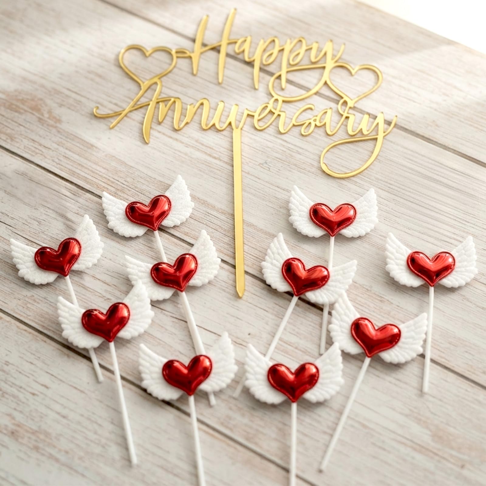11PCS Gold Red White Heart Topper for Anniversary Cake