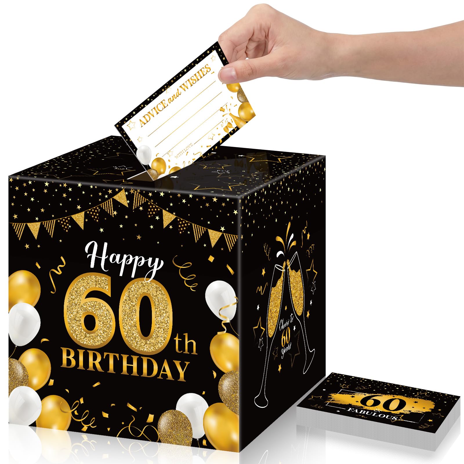 Funrous 60th Birthday Party Message Card Box Cheers to 60 Years Black Gold Advice and Wishes Greeting Card Box for Men Women Birthday Decorations Party Supplies Anniversary Tables Sign Decor