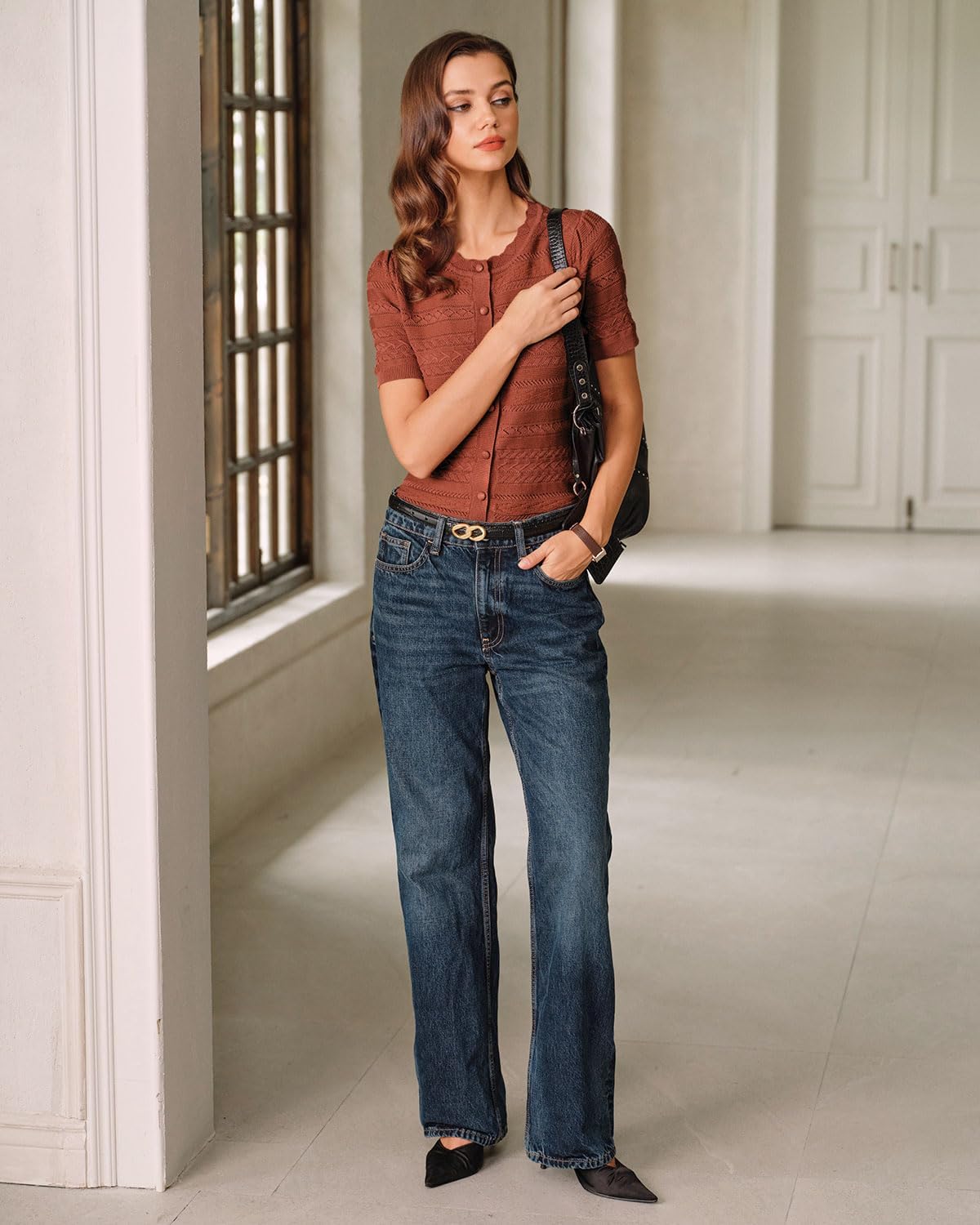 RIHOAS Womens Short Sleeve Knit Sweater Tops Dressy Casual Crew Neck Pullover Shirts Button Business Blouses