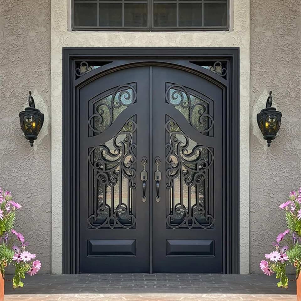 Entry Doors - 68" x 108" Double Front Door with Black French Iron