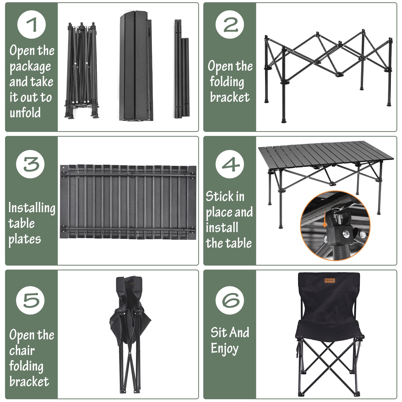 Rainberg Tavolo da campeggio pieghevole con 4 sedie, per uso esterno e interno, per barbecue, picnic, feste in giardino, design portatile pieghevole (tavolo con 4 sedie, nero)