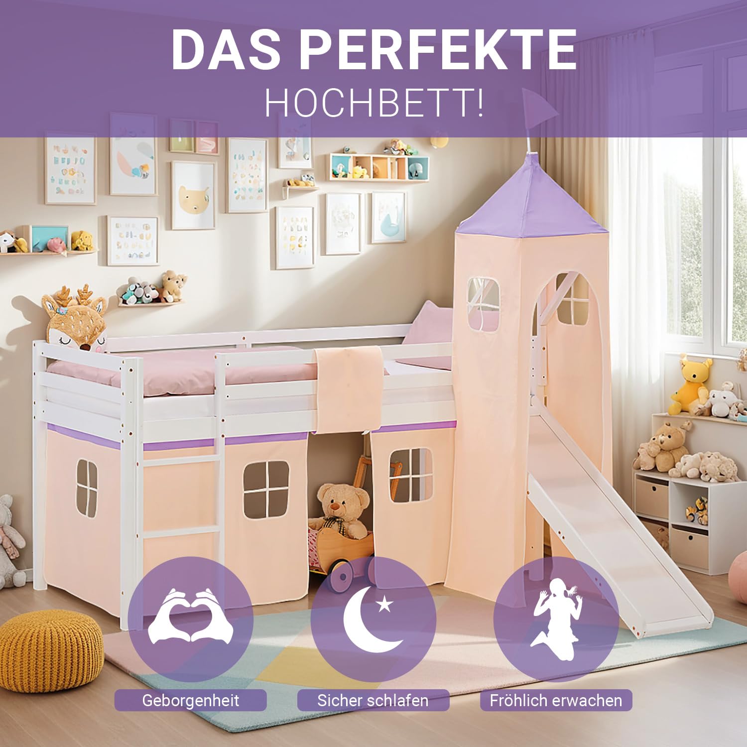Homestyle4u Kinderhochbett mit Rutsche, Lila Beige Vorhang Turm, Hochbett 90x200 cm Weiß, Kinderbett aus Holz, Artikel 2951