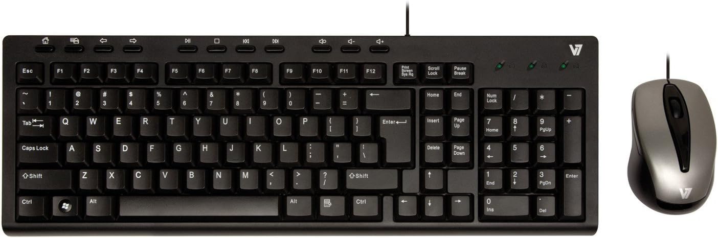 V7 Full-Size Space Saving Multimedia Spill Resistant USB Keyboard and Contoured Mouse Combo for Windows Desktop PC (CK0G1-4N6P) - Black