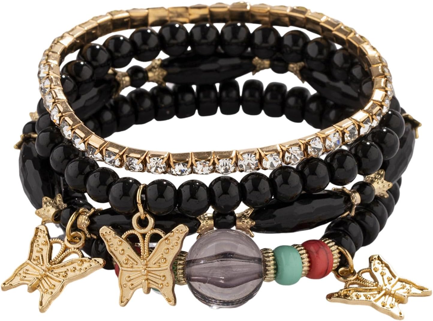 4Pcs Set Bohemian Butterfly Crystal Stone Stretch Pendant Bracelets for Women Gold Beaded Stackable Stretch Bracelet Colorful Charm Jewelry Boho Summer Beach