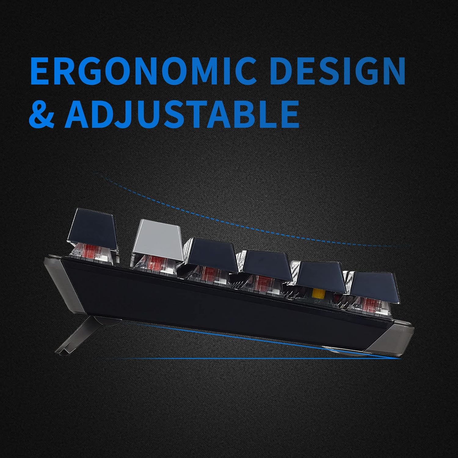 Taraf view of Hexgears GK715 keyboard showing adjustable feet for ergonomic design