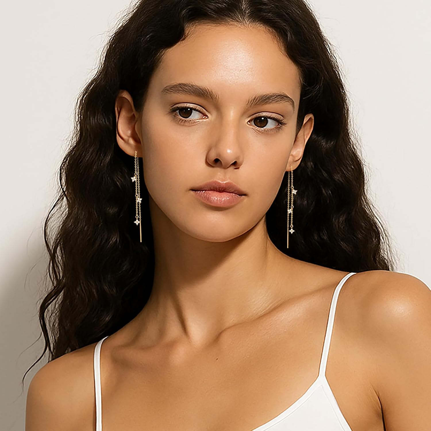 Threader Dangle Earrings for Women 14K Gold Plated Long Drop Earrings Trendy Hypoallergenic CZ/Clover Dangly Chain Earrings for Wedding Valentine's Day Gift - Image 3