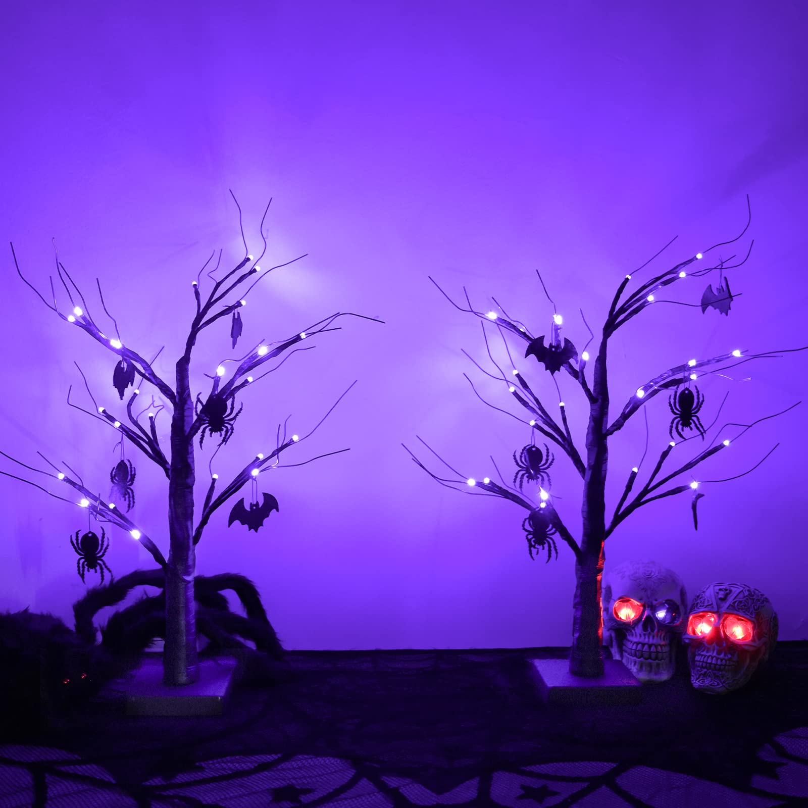 YEAHOME 2FT Black Spooky Halloween Tree Light with 24 LED Purple Lights, 6 Bats and 6 Spiders for Halloween Decorations Battery Operated Indoor Outdoor Decor for Home, Table, Porch( Set of 2)