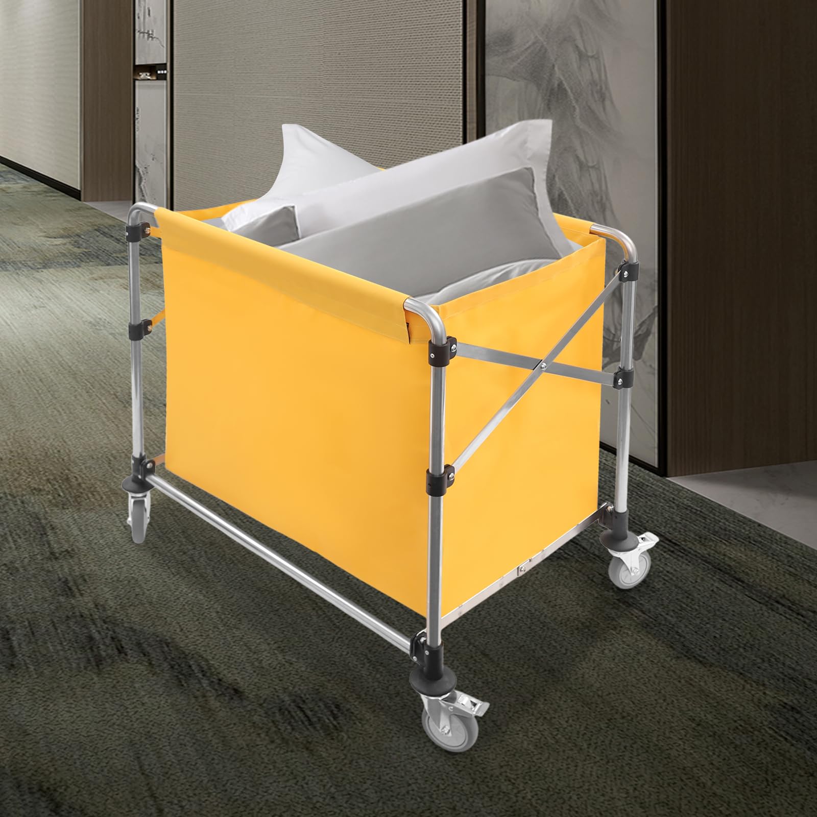 Carrello portabiancheria in acciaio inox, con ruote, pieghevole, portata fino a 100 kg, per la biancheria domestica, 90 x 60 x 88 cm (giallo)
