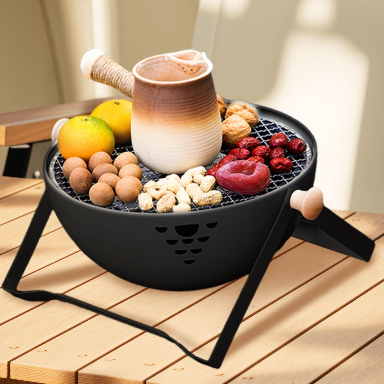 Grill Węglowy Składany Przenośny Piecyk Żaroodporny | Grill BBQ z Antyparzącą Rączką do Ogrodu Stołu Kempingu Podróżowania Pikniku Smażenia Mięsa Parzenia Herbaty Gotowania Hot