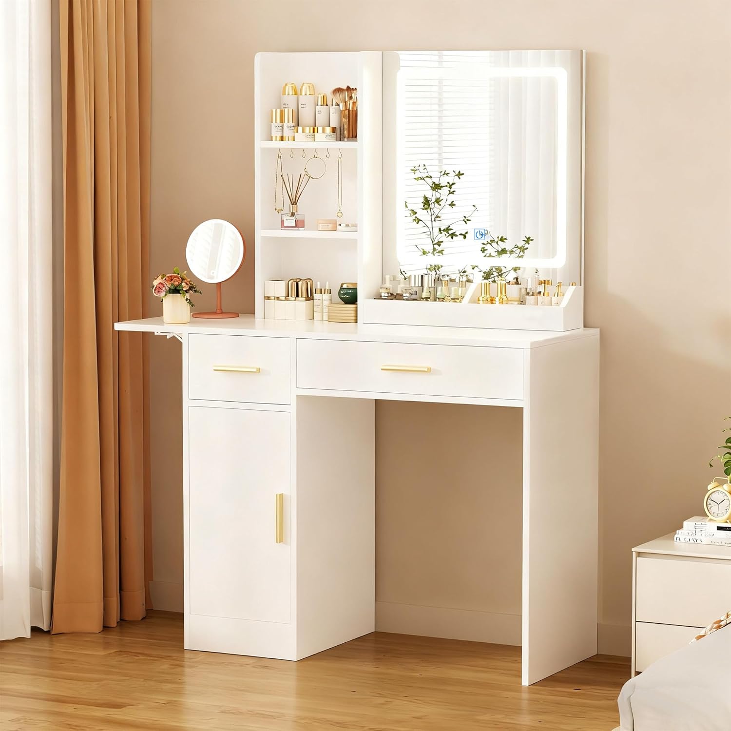 Vanity Desk with Mirror and Lights & Extral Foldable Desk, 31.5" & 39.3" Makeup Vanity Table with 5 Drawers and 3 Open Shelves, Dressing Table for Bedroom, White (White 11)