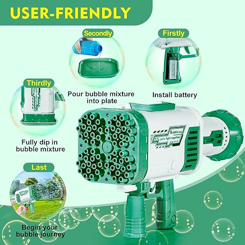 Miniatura 5 de Pistola de burbujas  La máquina de 64 agujeros tiene luces LED, la pistola de burbujas de mano grande tiene dos baterías recargablesseis botellas de