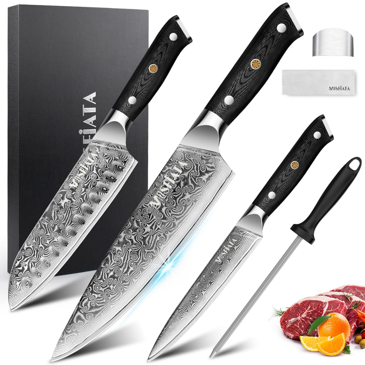 MOSFiATA Damascus Chef Knife Set 3PCS-Professional Sharp 8" Chef's Knives 7” Santoku Knife & 5” Utility Kitchen Knives, VG-10 High Carbon Stainless Steel with Sharpener Rod, Finger Guard Gift Box