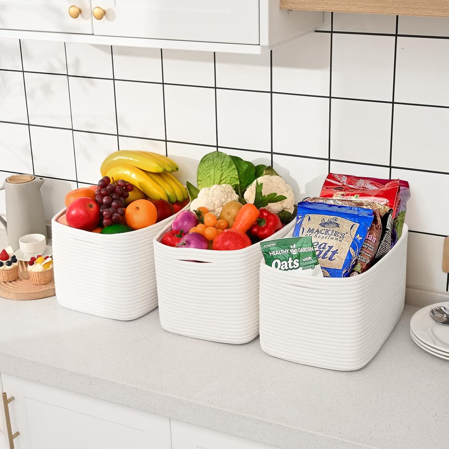 3-Pack Shelf Baskets for Organizing, Woven Storage Basket for Shelves, Cotton Rope Storage Bins for Toys Books, Nursery Towel Baskets for Classroom, 14.96"X9.8"X8.85", White