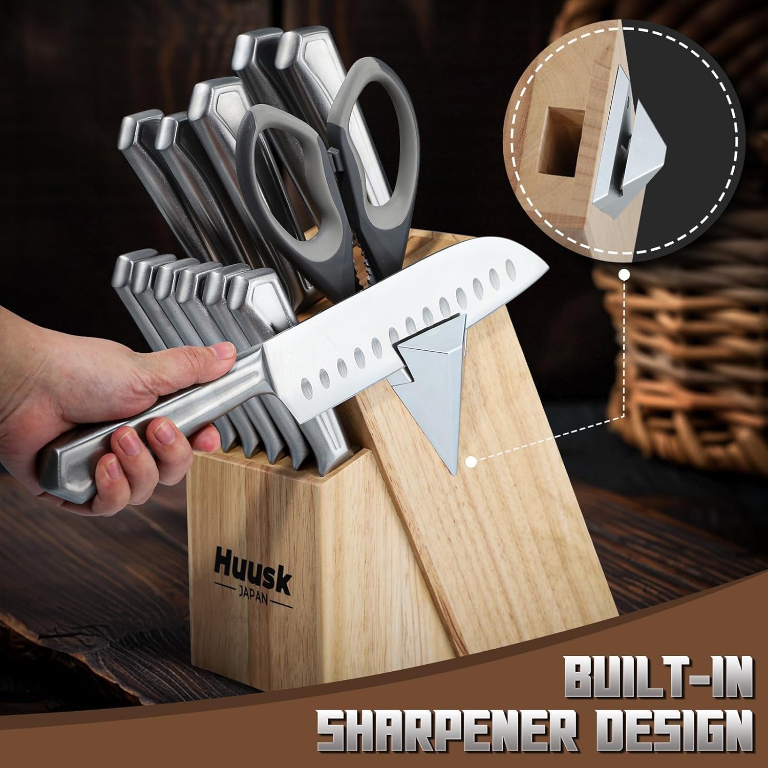 Huusk Kitchen Knife Block Set - 14 Pieces Kitchen Knife Set with Built-in Sharpener, Stainless Steel Knife Set with Ergonomic Handle, Professional Knives Set Christmas Gift for Men and Women - Image 5