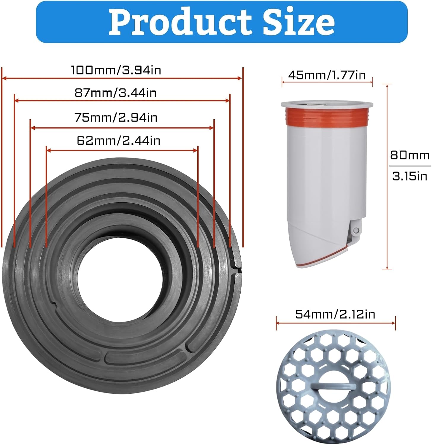 Condition photo showing Good Condition for odor-proof shower drain plug - backflow preventer with magnetic closure valve, hair catcher, and silicone reducer ring, fits 1.9''-3.9'' id drains, sewers, and pipes