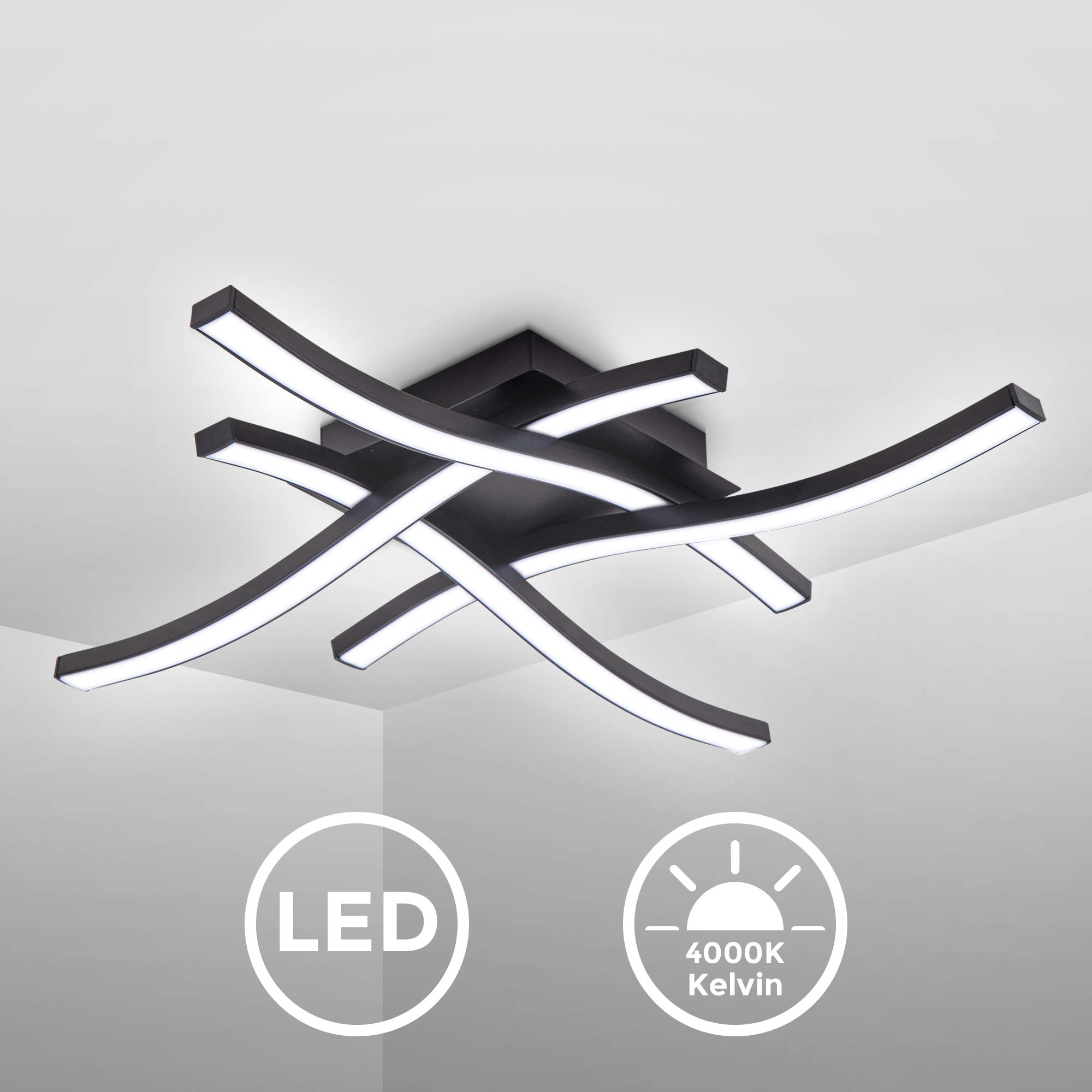 B.K.Licht 4-lampowa, zakrzywiona lampa sufitowa LED, 4000 K, biała, neutralna, 20 W, 2000 lumenów, czarna, akrylowa, biała, falista, 425 x 425 x 70 mm