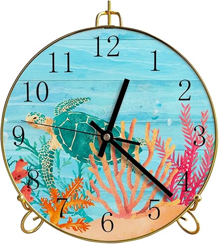 Reloj de mesa, náutico subacuático, vida marina, tortuga, tablero de madera de coral, reloj de escritorio, funciona con pilas, no hace tictac,
