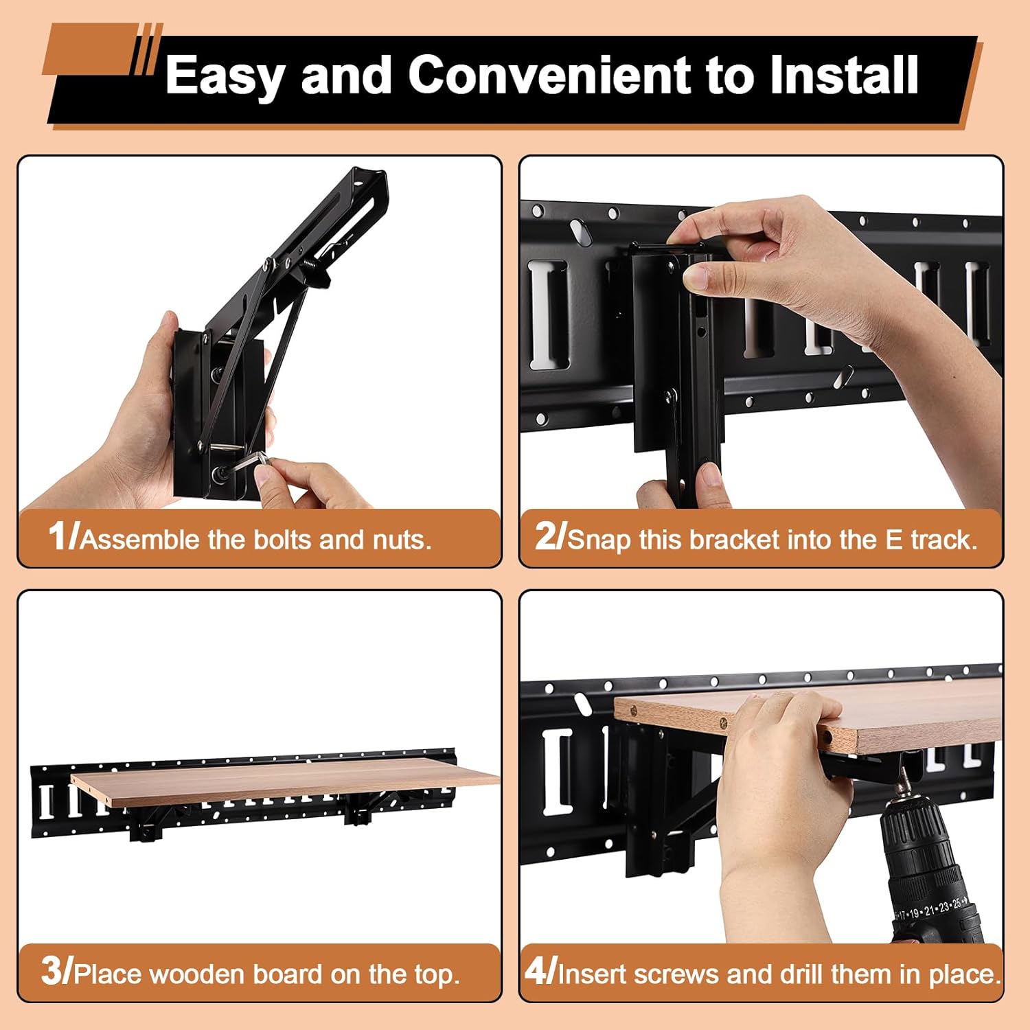 OwnMy 10 Inch E Track Folding Shelf Brackets Heavy Duty E Track Accessories for Enclosed Trailers, 4PCS E-Track Rail Fixed Shelf Bracket Collapsible Shelves Brackets for Truck Van Garage Workbench