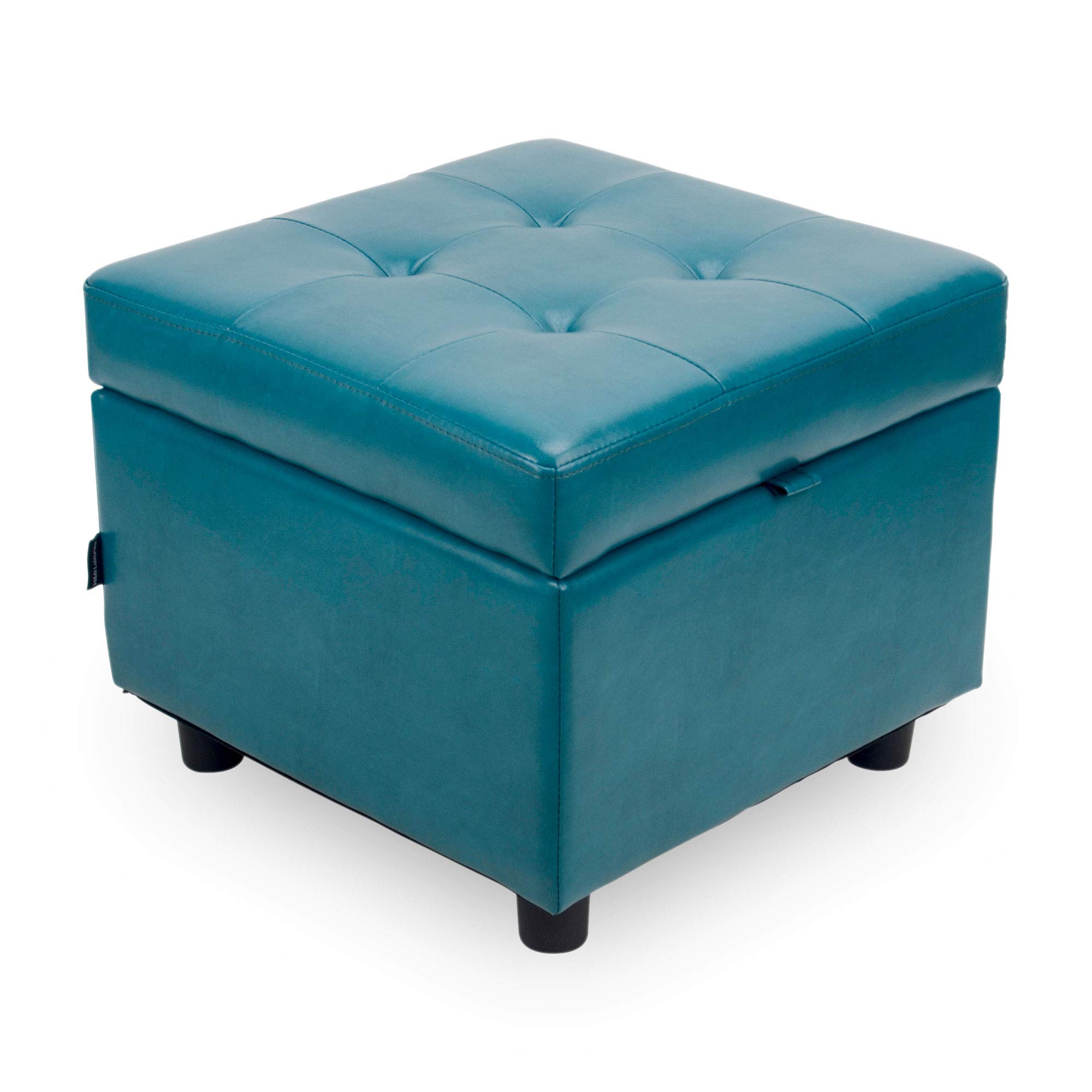 H&B Luxuries Tufted Leather Square Flip Top Storage Ottoman Cube Foot Rest (Blue with Storage)