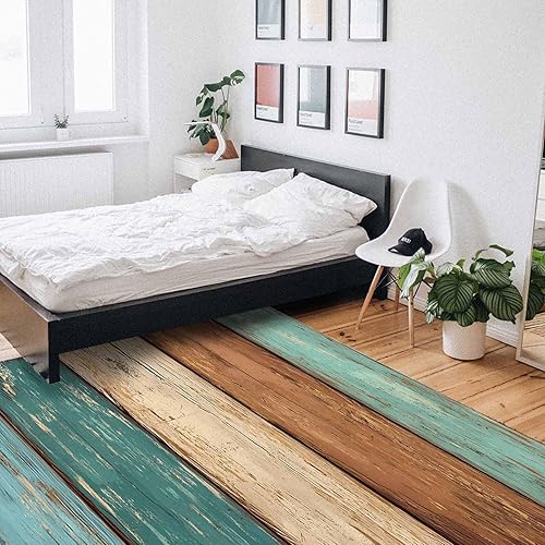 Miniatura 7 de Alfombras de grano de madera marrón turquesa para interiores, antideslizantes, lavables, 2 x 3 pies, diseño retro a rayas, parte trasera de goma,