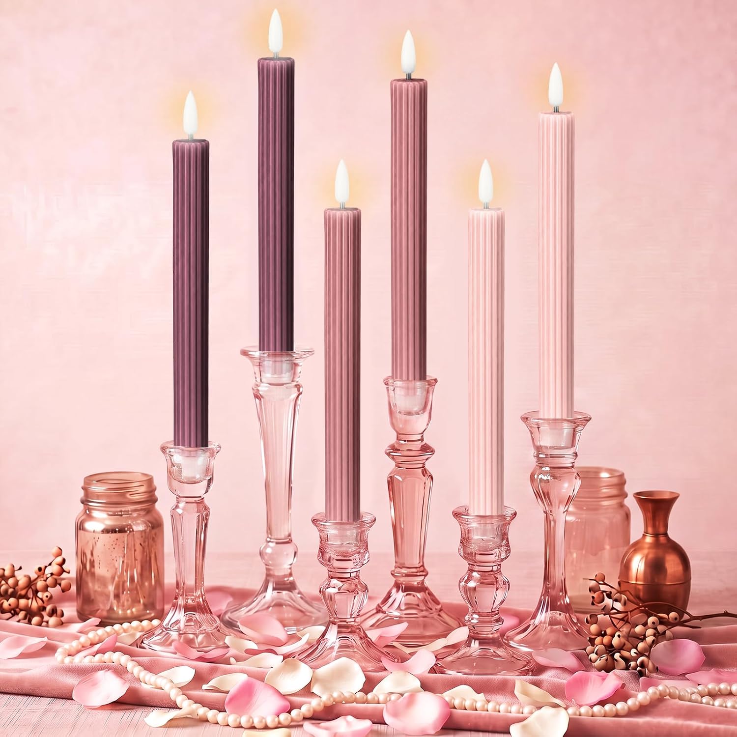 Conelist 6 Pack LED Flameless Taper Candles for Wedding, 10 Inch Pastel Pink Fluted Ribbed Grooved Candles Battery Operated Neutral Candlesticks for Table Centerpiece Dining Mantel Menorah Home Decor