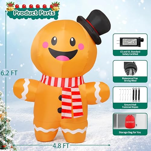 Miniatura 6 de GOOSH Inflable de Navidad de Hombre de Jengibre de 6.2 Pies para Decoraciones al Aire Libre, Inflable de Patio con LEDs Integrados para Decoración