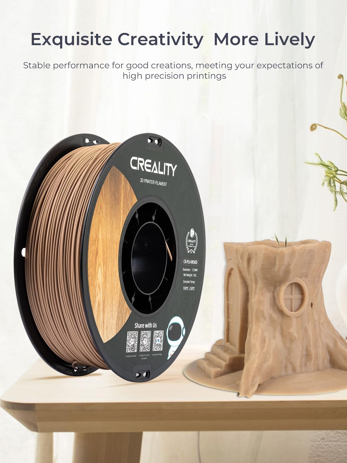 Creality PLA Filamento a Stampante 3D Printer Silk Shiny PLA Filament 1.75mm +/-0.02mm, 3D Printing Filament 1KG/2.2lb (Legno)