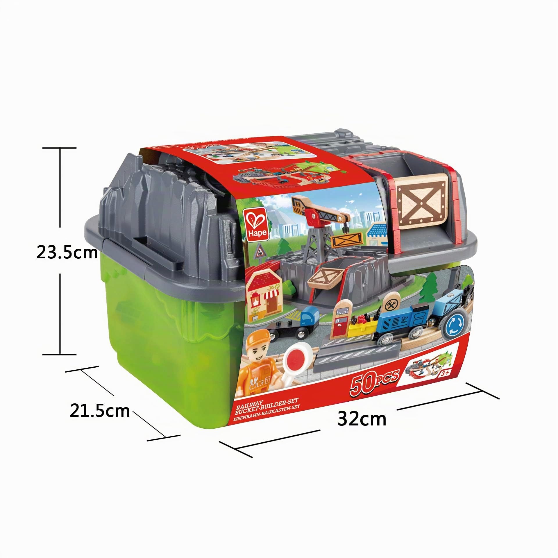 Hape Eisenbahn-Baukasten-Set - mit integrierter Lagerbox und Güterzug aus Holz, Bahn-Set mit Schienen, Brücken & Zubehör, Montessori-Spielzeug, Kreatives Bauen & Spielen, für Kinder ab 3 Jahren