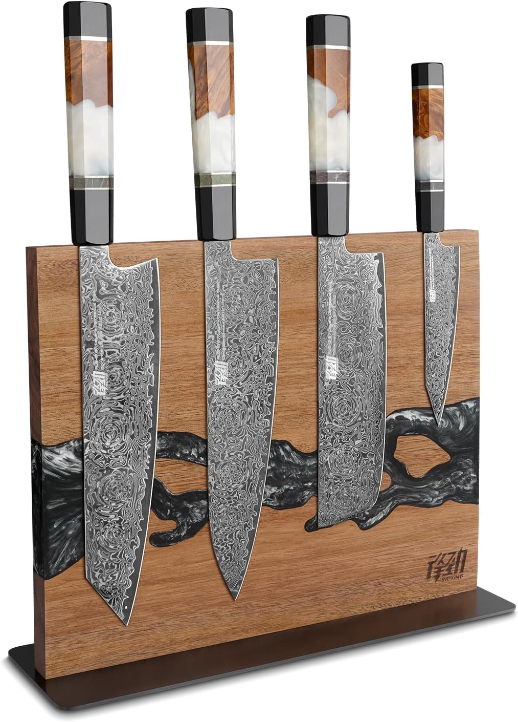FINDKING 5PCS Damascus Kitchen Knife Set with Resin Wood Magnetic Display Block, AUS-10 Core Steel, Chef Kiritsuke Nakiri and Paring Knife