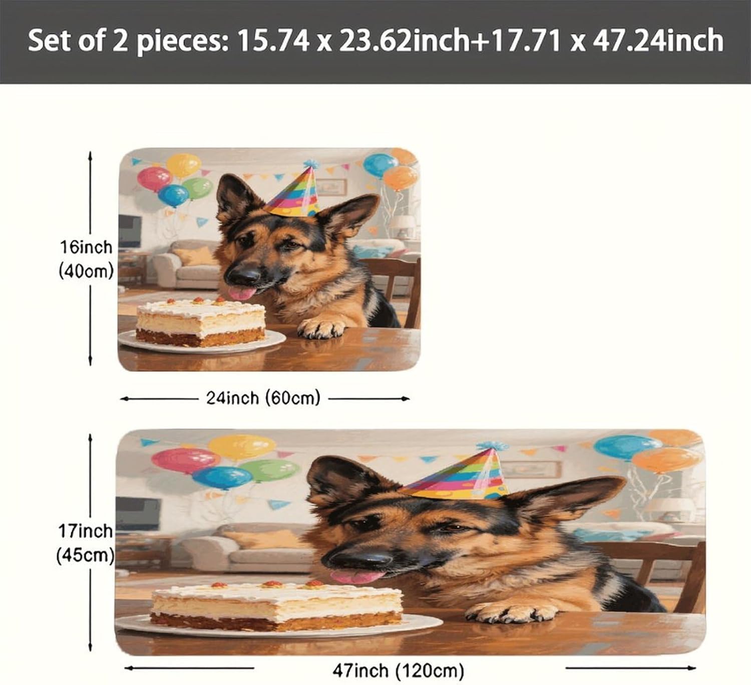 Funny German Shepherd Kitchen Mat Set of 2 Ergonomic Comfort Velvet Rugs Cushioned Anti-Fatigue Non-Slip Standing Mats Thick Kitchen Floor Mat Carpet Runner Rugs 16"×24"+17"×47"