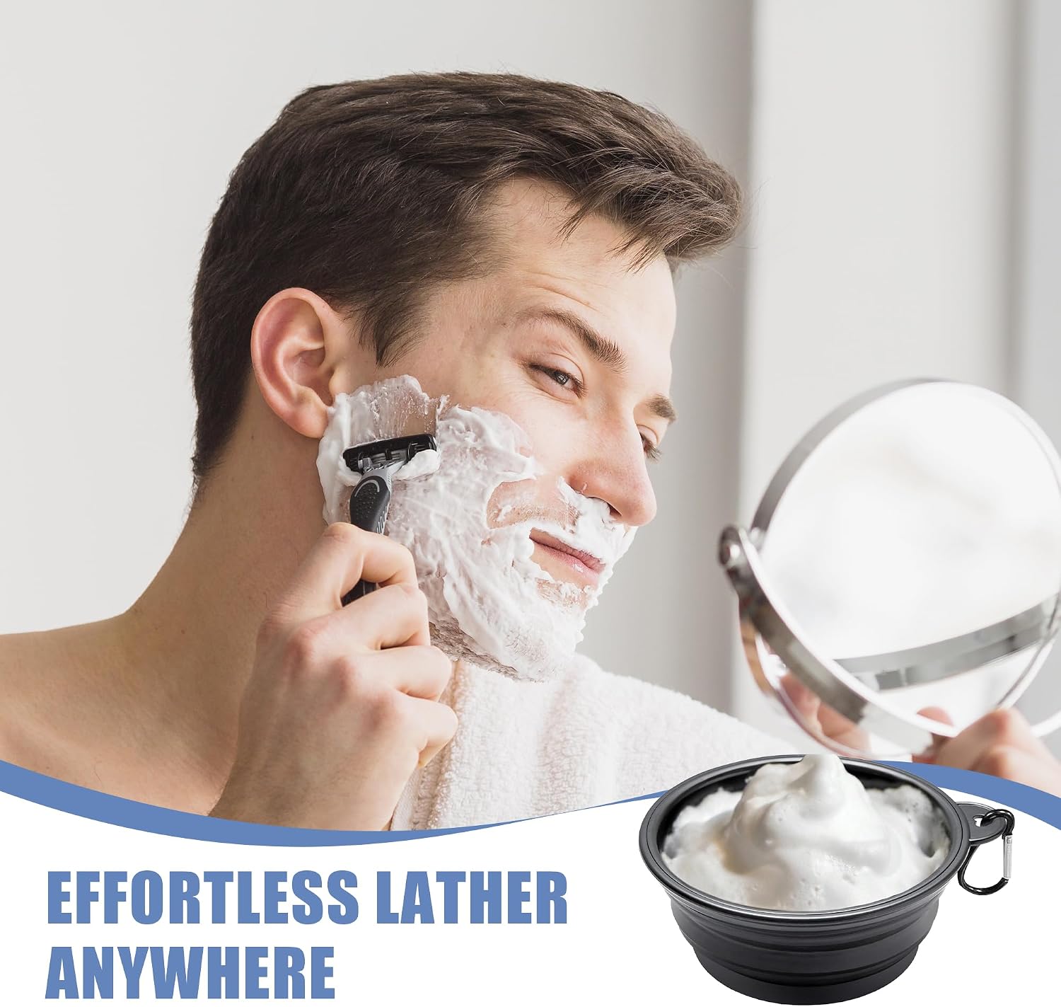 Ezcora Foldable Silicone Shaving Bowl with Carabiner, Portable Shave Mug for Men, Quick-Lather Shaving Cream & Soap Bowl, Lightweight Collapsible Design with Non-Slip Base