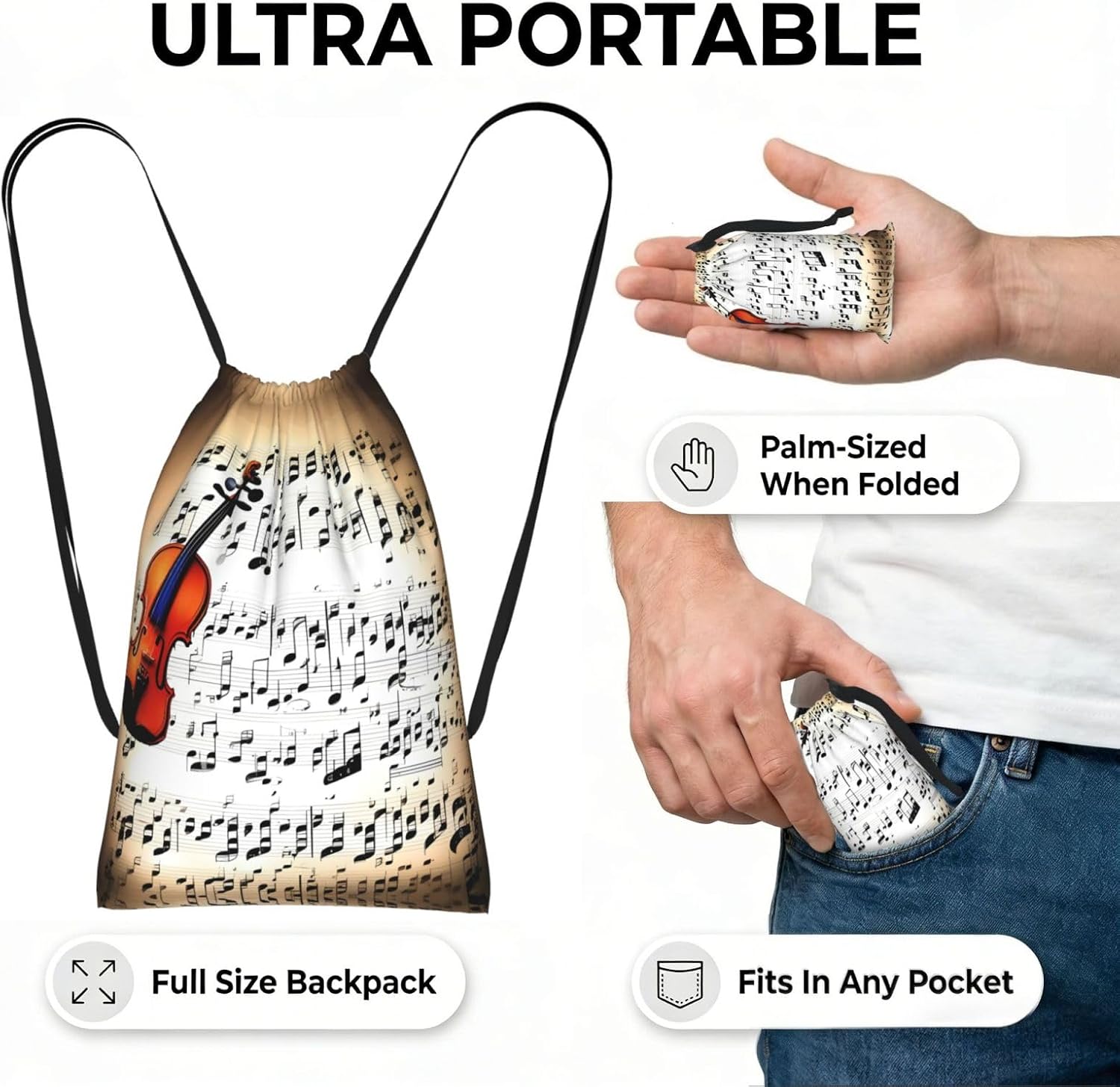 Violin Sheet Music Print Foldable Drawstring Backpack Lightweight Gym Bag Travel Backpack Cinch Sack For Beach Hiking image 4