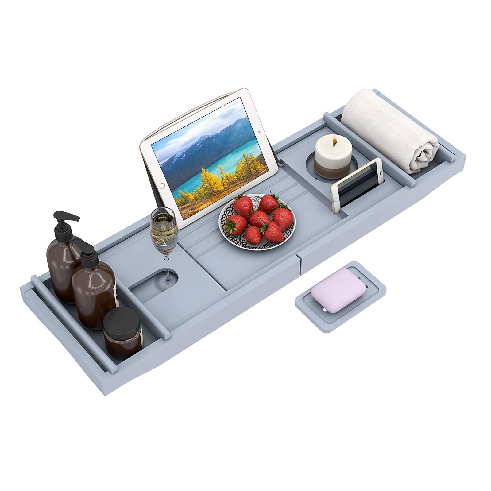 Bandeja Ajustable de bambú para bañera Incluye bandejas de SPA Desmontables y Soporte para jabón Accesorios para bañera de bambú Bandeja de Servicio de bañera intrincada y Natural