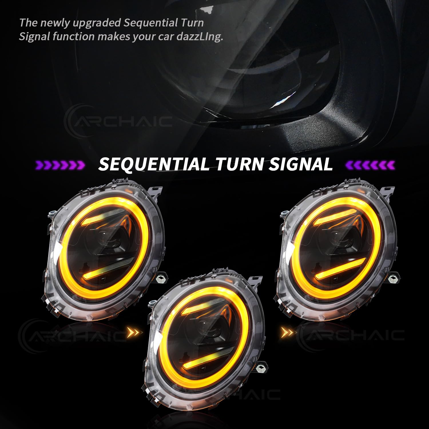 Archaic RGB LED Reflektory kompatybilne z Mini F56 Clubman Cooper F54 F55 F56 F57 F58 F59 JCW 2014-2021, do modeli halogenowych OE z animacją DRL, para