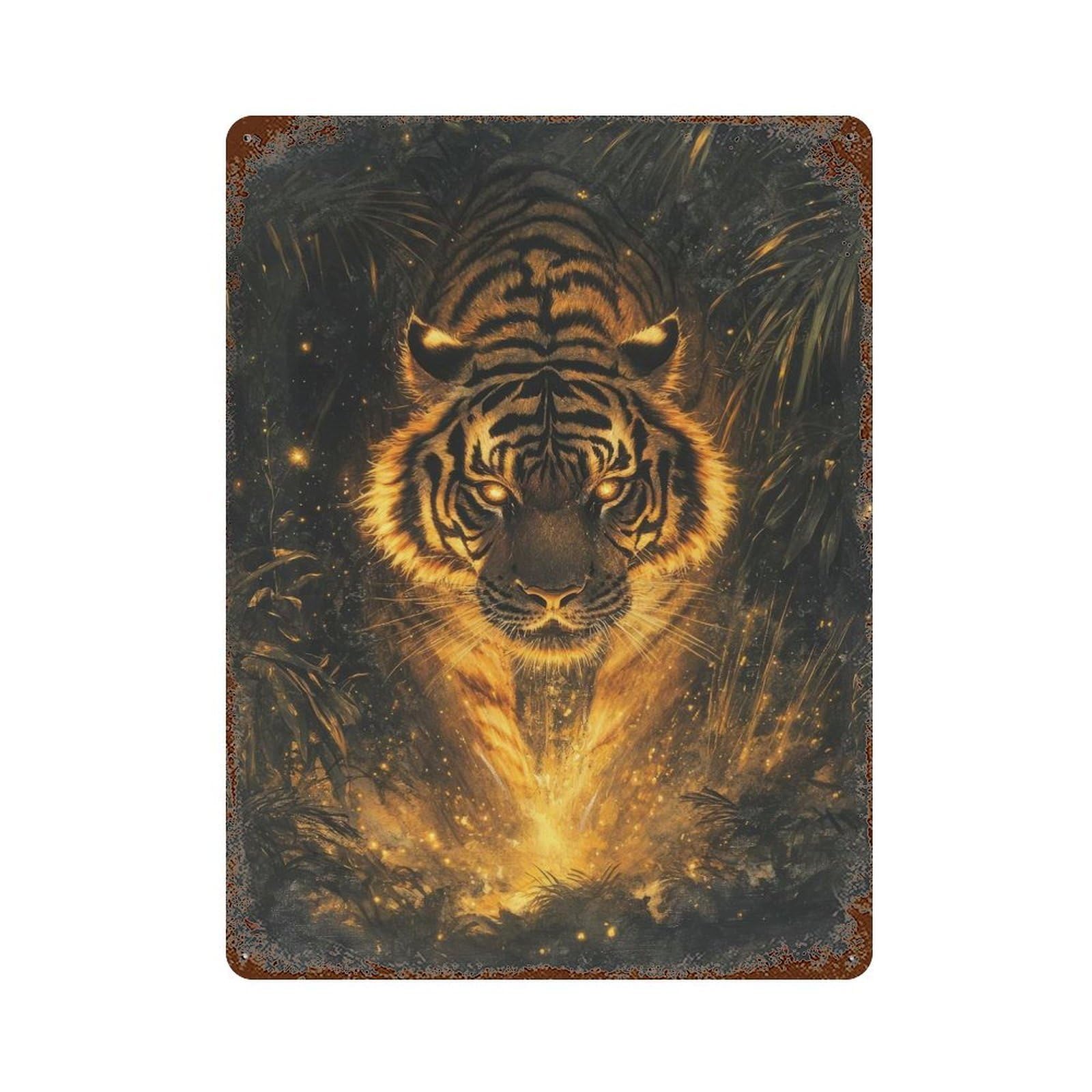 Fiery Tiger Aged Metal Wall Plaque 15.7"x11.8", Industrial Home Decor for Pub, Kitchen And Man Cave Decor