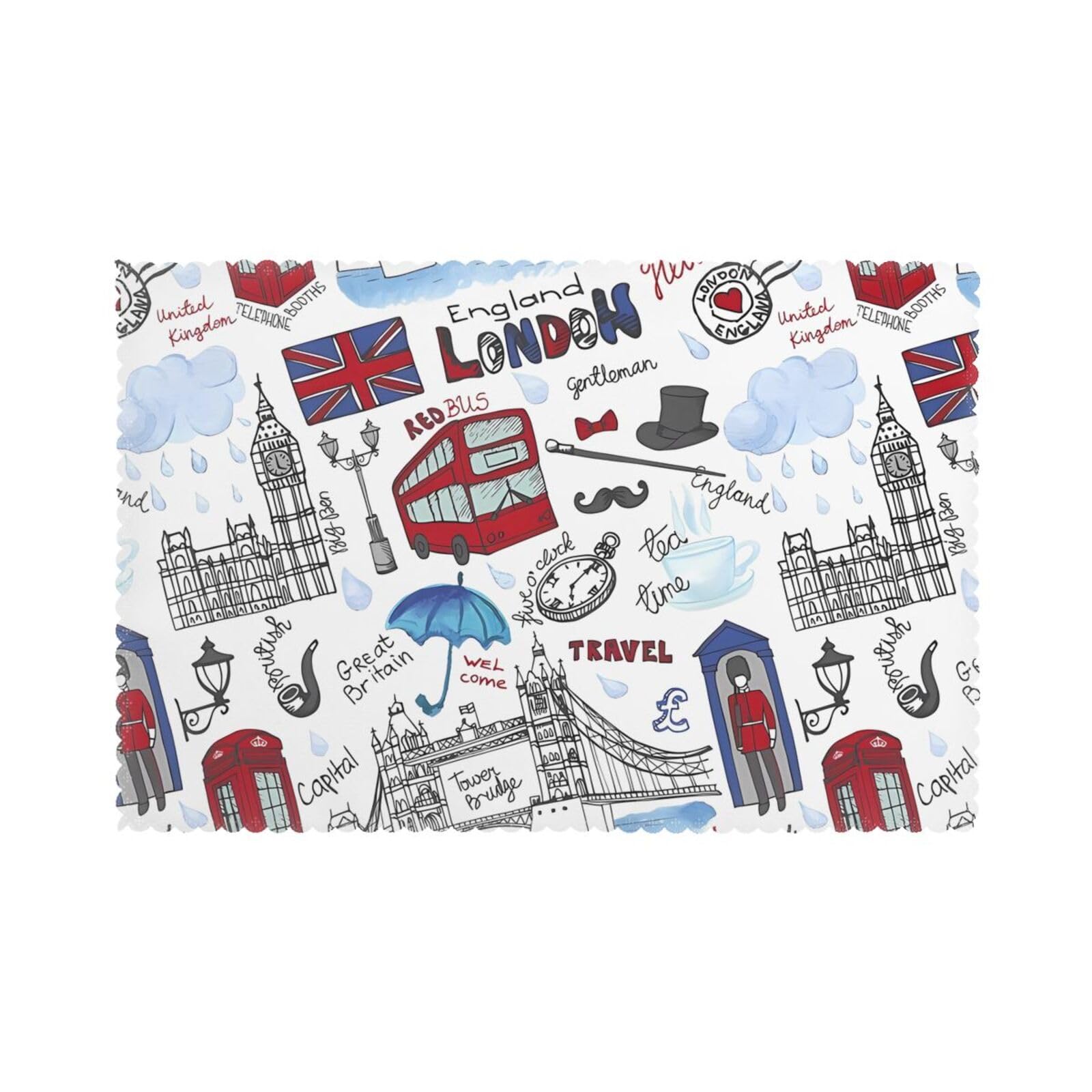 YYHWHJDE London Prints Placemats Set of 6 12x18in - Engineered for Durability & Heat Resistance Polyester