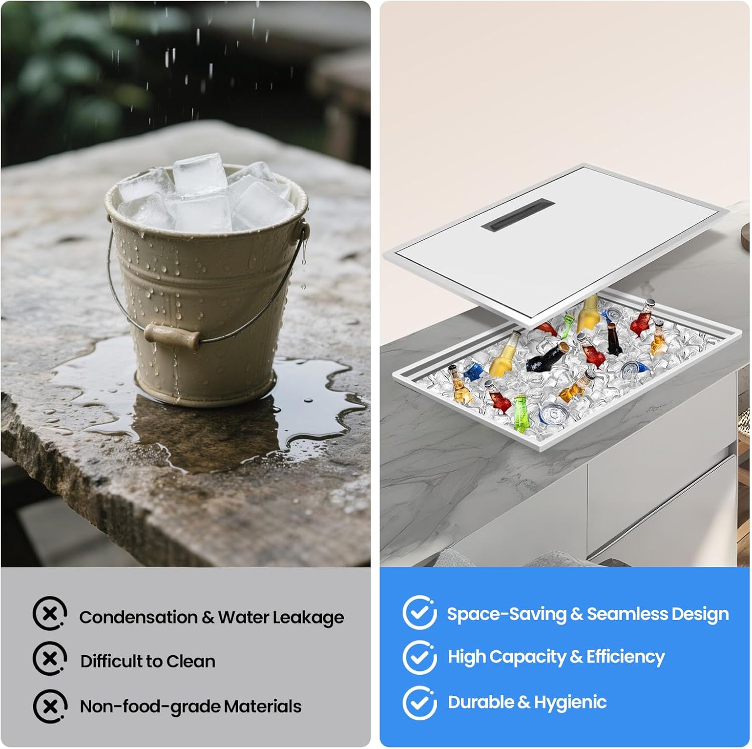 Drop-in Ice Chest, Stainless Steel Ice Cooler, Freestanding Ice Chest Outdoor Kitchen, Double-Walled & Built-in Foa, Foam Cooler With Lid, for Wine, Beer, Whiskey, Beer, Silver (20.5*13.5*12.2 in)