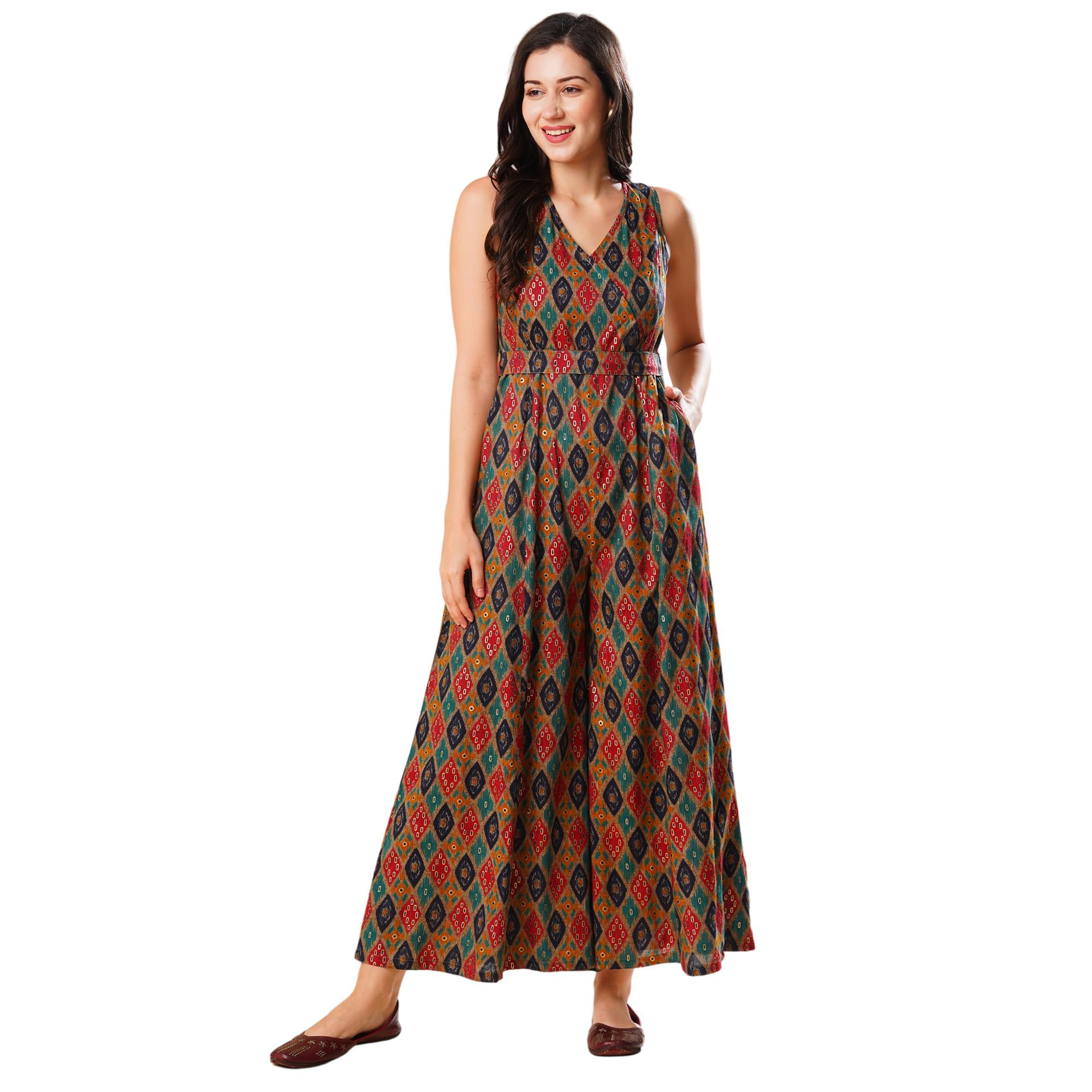 Women Multi Colour Abstract Print Wrap V-Neck Waist tie Up Flared Hem Fusion Jumpsuit