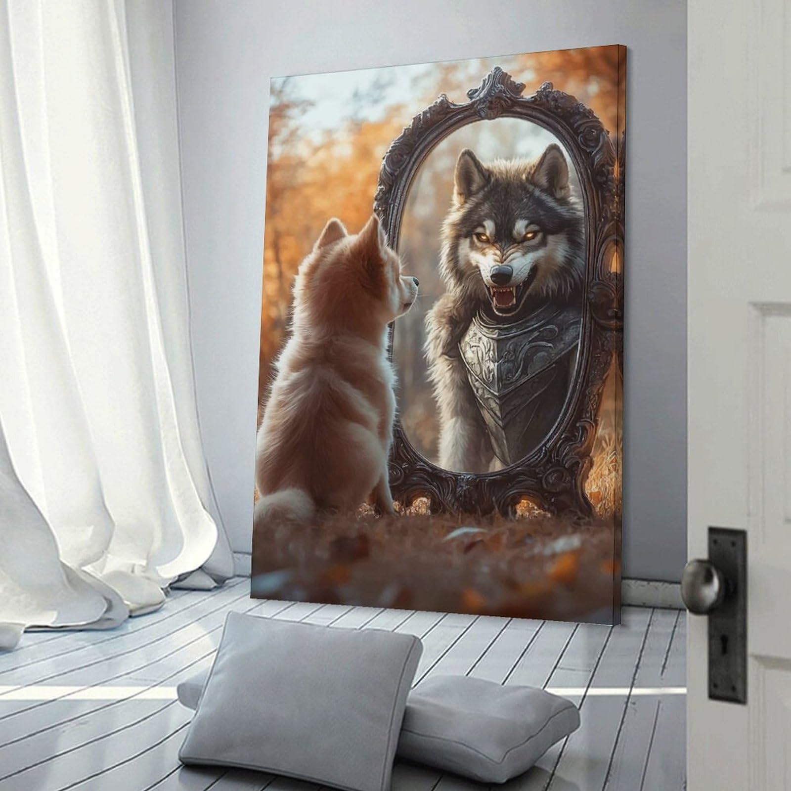Junmoney Frame-Style-3-1 Wolf Reflection Hanging Wall Art, 20X30inch(50X75cm), For Gallery Wall Decor And Room Displays, Home Wall Art For Statement Displays